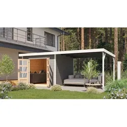 Karibu tuinhuis Pluto D met overkapping lichtgrijs-wit, 571 x 271 cm