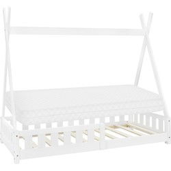 Kinderbed Tipi 80x160 cm wit gemaakt van dennenhout incl. matras H-10cm uitvalbescherming en lattenbodem ML-Design