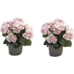 2x Roze kunstplant Hortensia plant in mand - Kunstplanten