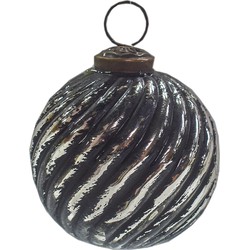 Clayre & Eef Kerstbal  Ø 7 cm Zwart Zilverkleurig Glas Kerstdecoratie