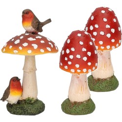 Decoratie paddenstoelen setje met 2x gewone paddenstoel en 1x met vogeltjes - Tuinbeelden