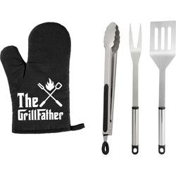 BBQ/barbecue gereedschap set 3-delig RVS met BBQ handschoen The Grillfather - Barbecuegereedschapset
