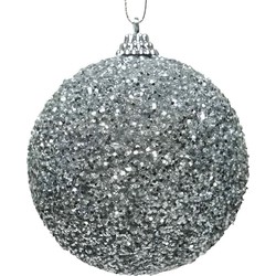 1x Kerstballen zilveren glitters 8 cm met kralen kunststof kerstboom versiering/decoratie - Kerstbal
