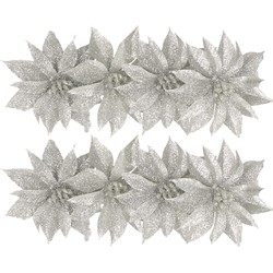 8x stuks glitter decoratie bloemen op clip zilver 9.5 cm - Kunstbloemen