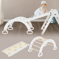Kinderklimboog natuur/wit met glijbaan of klimwand 2 in 1 natuur/wit gemaakt van hout Joyz