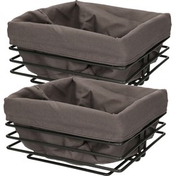 Set van 2x stuks vierkante broodmand/serveermand zwart metaal/grijs katoen 23 cm - broodmand