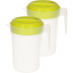 2x stuks waterkan/sapkan transparant/groen met deksel 1 liter kunststof - Schenkkannen