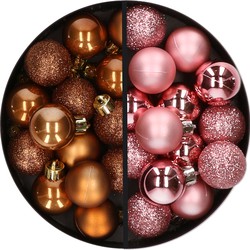 28x stuks kleine kunststof kerstballen roze en bruin 3 cm - Kerstbal