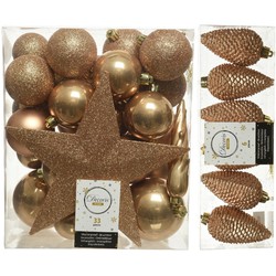 Kerstversiering kunststof kerstballen met piek camel bruin 5-6-8 cm pakket van 39x stuks - Kerstbal