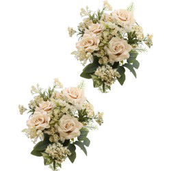 Chaks Rozen kunstbloemen boeket - 2x - ivoor/zalm kleurig - H41 cm - Kunstbloemen