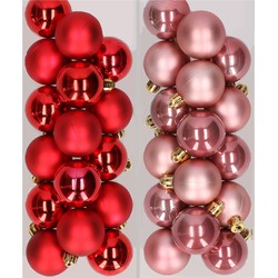 32x stuks kunststof kerstballen mix van rood en oudroze 4 cm - Kerstbal