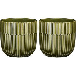 Mica Decorations - 2x - Plantenpot - groen - stripes - D14 x H13 cm - Plantenpotten