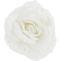1x stuks decoratie bloemen roos wit glitter op clip 18 cm - Kersthangers
