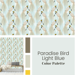 Paradise Bird - 250 x 260 - Zelfklevend Patroon Behang - Lichtblauw en Wit 