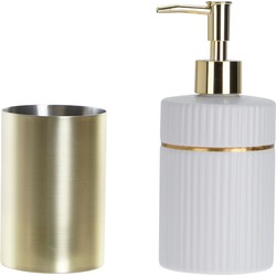 Badkamer accessoires setje drinkbeker en zeeppompje 19 cm wit/goud - Zeeppompjes