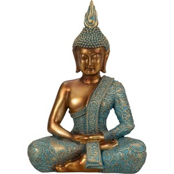 Boeddha beeld Shaman - binnen/buiten - kunststeen - goud/jade - 17 x 25 cm - Beeldjes