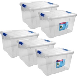 Set van 5x stuks kunststof opbergbox/opbergkist met deksel 25 liter transparant 42 x 35 x 25 cm - Opbergbox