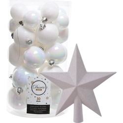 Decoris kerstballen 30x stuks - parelmoer wit 4/5/6 cm kunststof mat/glans/glitter mix en piek - Kerstbal