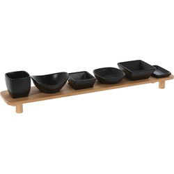 Serveerplank met 6 hapjes/saus/tapas schaaltjes hout 50 x 8 cm - Serveerplanken