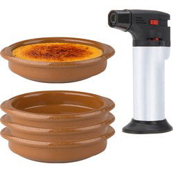9-Delige creme brulee set met bruine schaaltjes en een zilveren brander - Serveerschalen