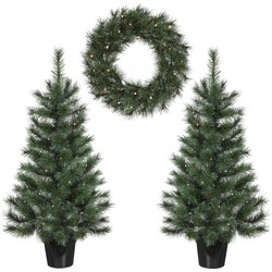 Black Box Trees Glendon Set van 2 Kerstbomen en 1 Krans met LED Verlichting - Groen