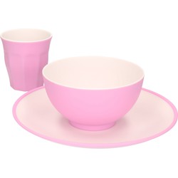 Set van 6x onbreekbare kunststof/melamine roze ontbijt bordjes/bekers en kommetjes - Campingborden