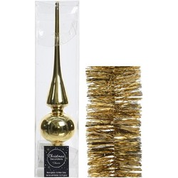 Kerstversiering glazen piek glans 26 cm en folieslingers pakket goud van 2x stuks - kerstboompieken