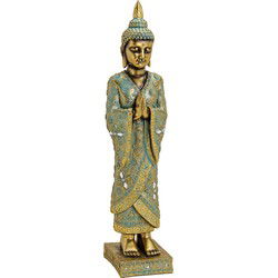 Buddha staand op sokkel van poly goud (B/H/D) 13x55x13cm.