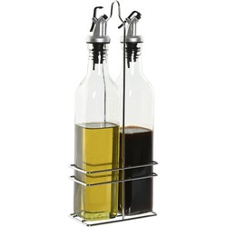 Items Azijn/Olie flessen tafelset - glas/metaal - transparant - met schenktuit - Olie- en azijnstellen