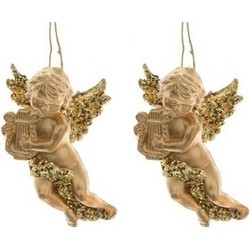 2x Kerst hangdecoratie gouden engeltjes met harp muziekinstrument 10 cm - Kersthangers