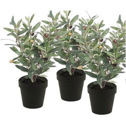 Kunstplant olijfboompje - 3x - groen - in zwarte pot - 35 cm - Kunstplanten