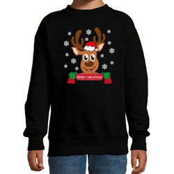 Bellatio Decorations kersttrui/sweater voor kinderen - Merry Christmas - rendier - zwart 7-8 jaar (122/128) - kerst truien kind
