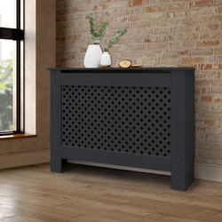 Radiatorbekleding met honingraatmotief 112x19x82 cm grijs, vervaardigd van MDF