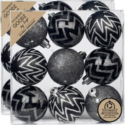 18x stuks gedecoreerde kunststof kerstballen zwart 6 cm - Kerstbal