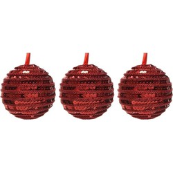 3x Kunststof kerstballen kerst rood 8 cm pailletten kerstboom versiering/decoratie - Kerstbal