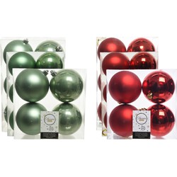 Kerstversiering kunststof kerstballen mix rood/salie groen 6-8-10 cm pakket van 44x stuks - Kerstbal