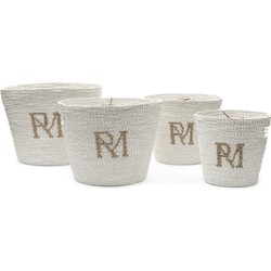 Riviera Maison Opbergmanden riet Wit en rond 4 stuks - RM Monogram decoratieve mand met RM logo