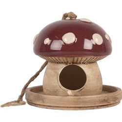 Clayre & Eef Decoratie Vogelhuis Paddenstoel Beige Rood Keramiek