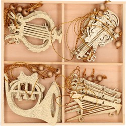 16x Houten kersthangers muziekinstrumenten ornamenten goud 6-7 cm - Kersthangers