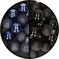 36x stuks kunststof kerstballen donkerblauw en zwart 3 en 4 cm - Kerstbal