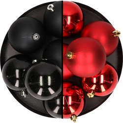 12x stuks kunststof kerstballen 8 cm mix van zwart en rood - Kerstbal