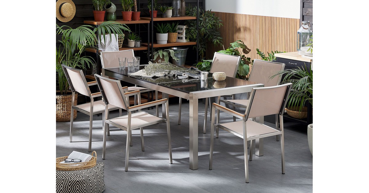 Tuinset zwart tafelblad 180 x 90 cm met 6 stoelen beige GROSSETO