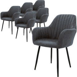 Eetkamerstoel set van 6 Gevoerde quilting met rugleuning en armleuningen Antraciet Keukenstoel met kunstlederen bekleding ML design