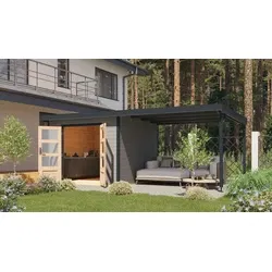 Karibu tuinhuis Pluto D met overkapping lichtgrijs-antraciet, 571 x 271 cm