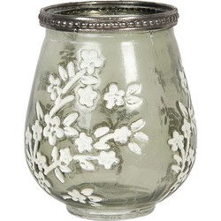 Clayre & Eef Theelichthouder  Ø 9x11 cm Groen Wit Glas Metaal Bloemen Waxinelichthouder