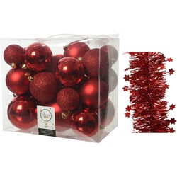 Kerstversiering kunststof kerstballen 6-8-10 cm met sterren folieslingers pakket rood van 28x stuks - Kerstbal