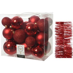Kerstversiering kunststof kerstballen 6-8-10 cm met glitter folieslingers pakket rood van 28x stuks - Kerstbal