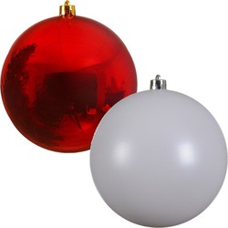 2x stuks grote kerstballen van 20 cm glans van kunststof wit en rood - Kerstbal