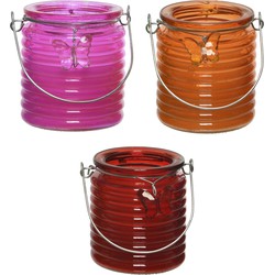 Citronella kaars - 3x - in windlicht - roze/oranje en rood - 20 branduren - citrusgeur - geurkaarsen