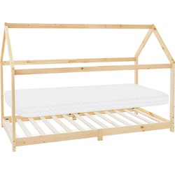 Kinderbed huisbed 90x200 cm van grenenhout incl. matras H-10cm houten bed met dak en lattenbodem ML design